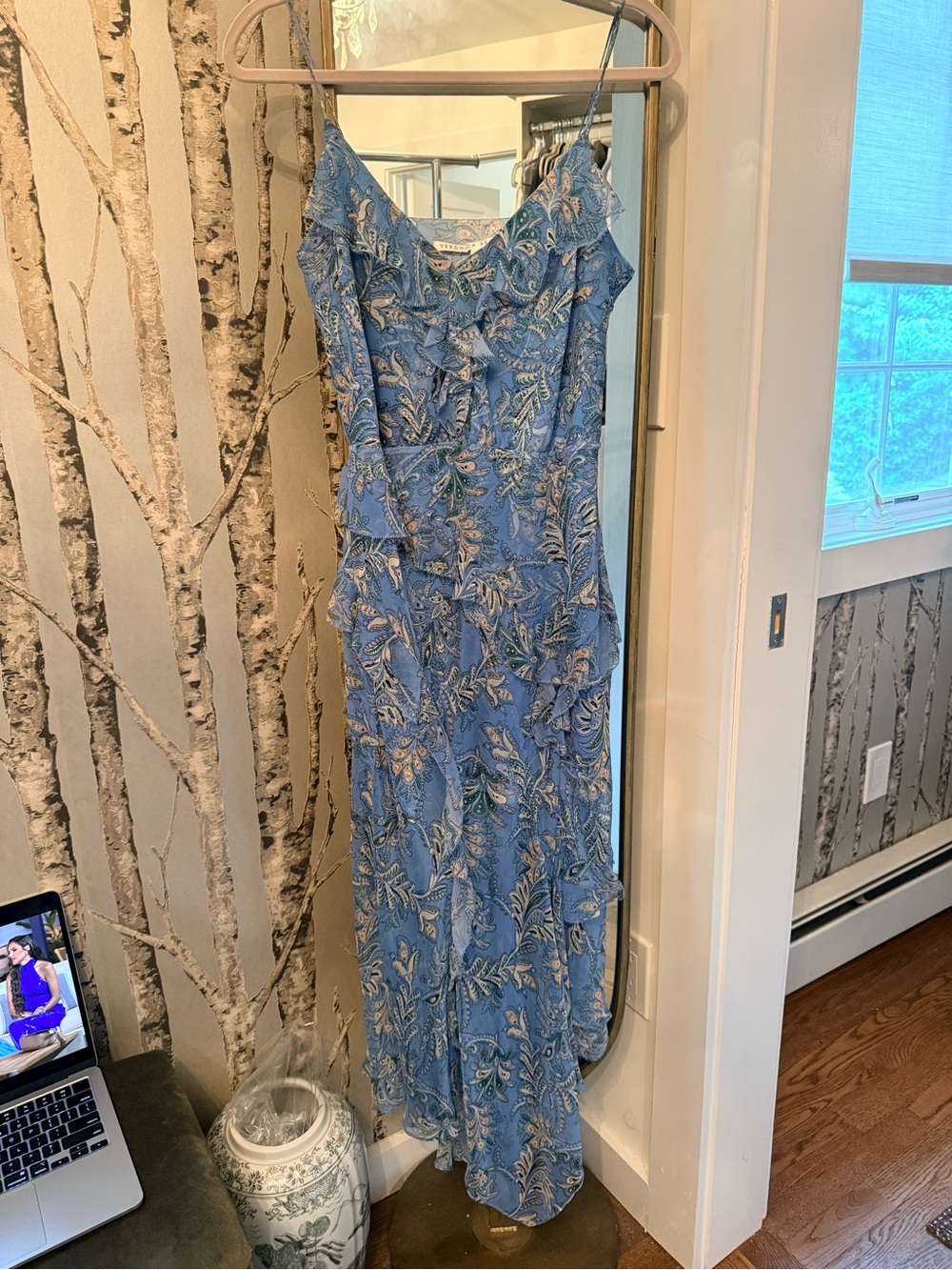 Veronica Beard Blue Floral Ruffle Slip Dress